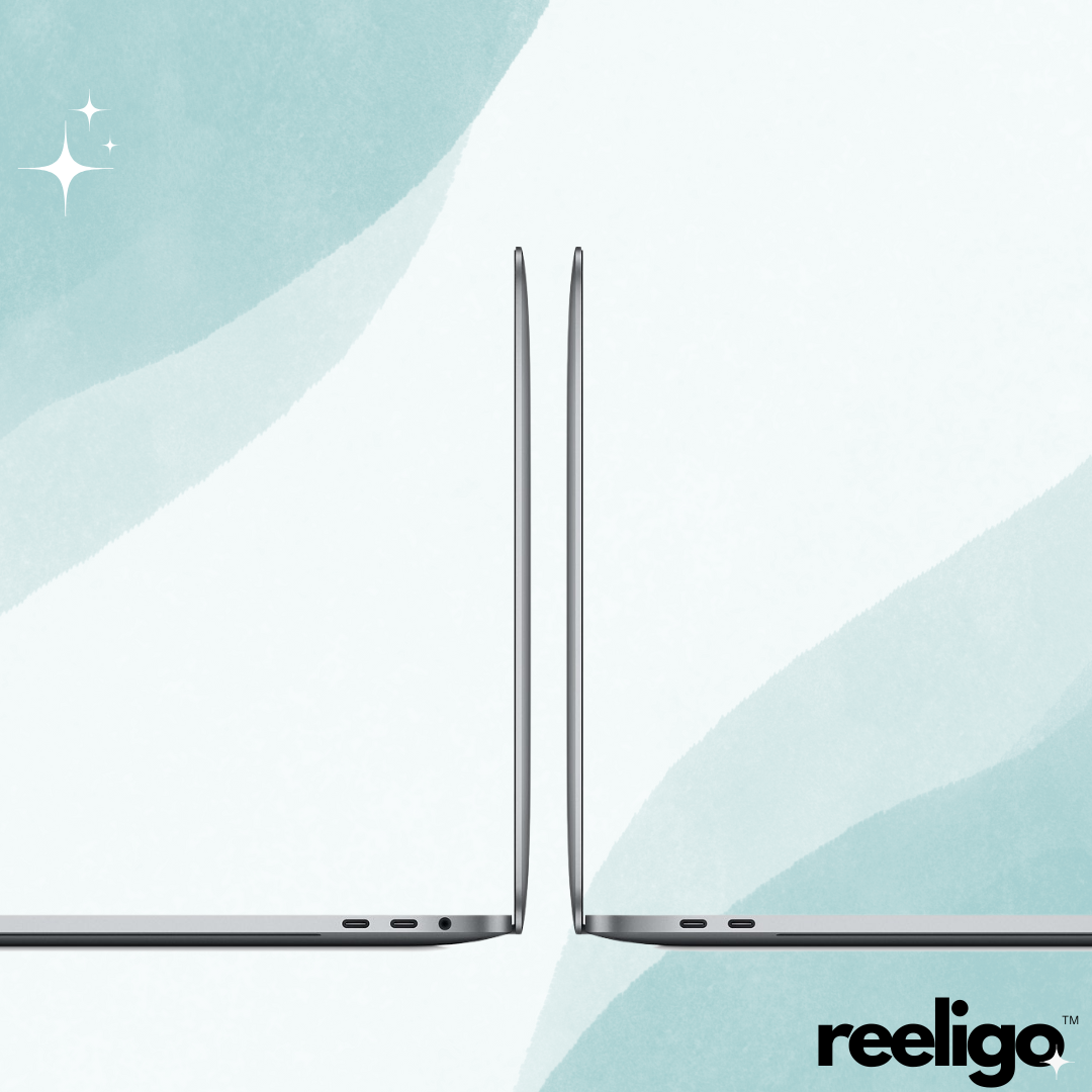 Two laptops side by side on a light blue background with 'reeligo' branding.